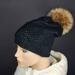 Pletená čiapka s kožušinovým  brmbolcom  , pravá kožušina