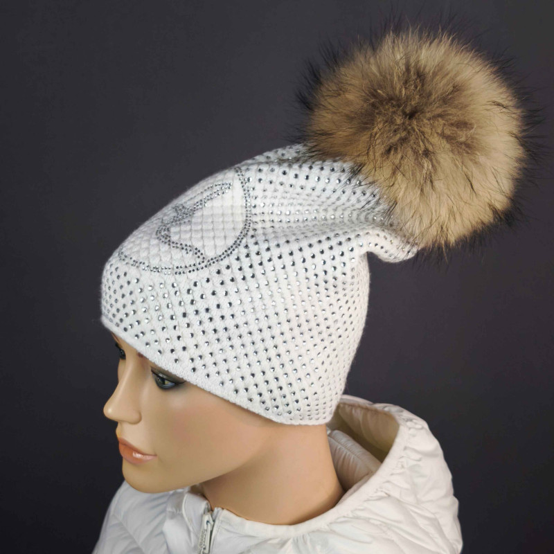 Pletená dámska čiapka s brmbolcom z pravej kožušiny , polárna líška