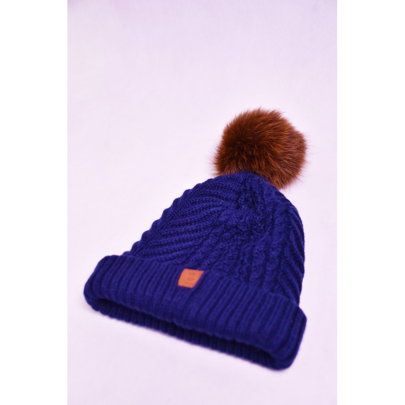 modrá pletená čiapka s pravým kožušinovým brmbolcom z plárnej farbenej líšky